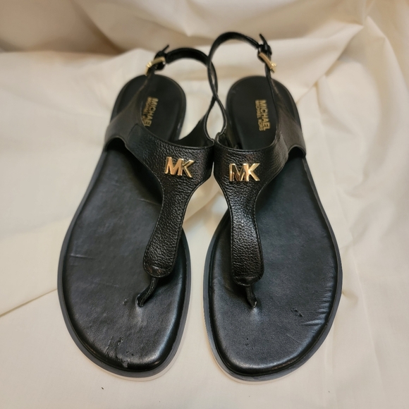 Michael Kors Black Leather Sandals with Gold Logo - Picture 1 of 12
